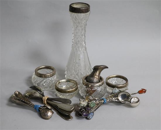 Four cut glass bowls, silver mounted vase, set six small spoons & forks, six very small spoons, five egg spoons and a bottle stopper.
